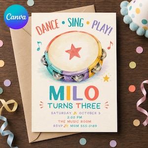 May include: A birthday invitation card featuring a watercolor tambourine with a red star, surrounded by the text DANCE SING PLAY, MILO TURNS THREE, SATURDAY OCTOBER 3, 2:00 PM, THE MUSIC ROOM, and RSVP MOM 555-0189, decorated with musical notes and stars.
