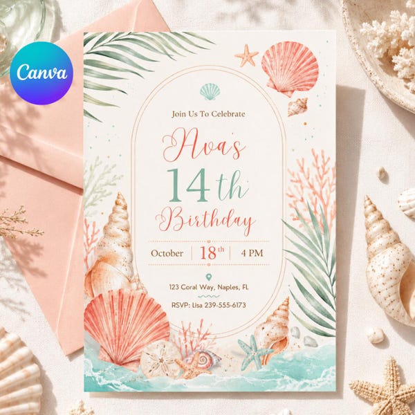 teen girl coastal birthday invitation, pastel teen girl invitation, beach theme editable invitation, tropical summer party invite, Canva