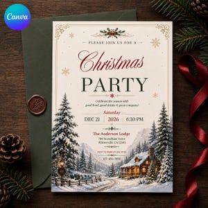 May include: A cream-colored Christmas party invitation card featuring a winter landscape with snow-covered pine trees and a cabin. The text reads: Please join us for a Christmas party, Saturday Dec 21 2026 6:30 PM, The Anderson Lodge, 789 Snowflake Drive.