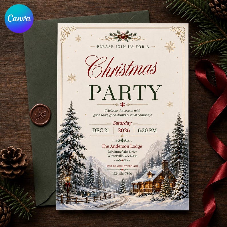 May include: A cream-colored Christmas party invitation card featuring a winter landscape with snow-covered pine trees and a cabin. The text reads: Please join us for a Christmas party, Saturday Dec 21 2026 6:30 PM, The Anderson Lodge, 789 Snowflake Drive.