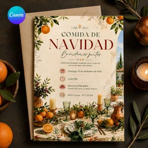 May include: A cream-colored invitation card for a Christmas lunch titled Comida de Navidad, featuring illustrations of oranges and foliage. It includes event details for December 20, 2026, at 2:00 PM at Finca Los Naranjos, Valencia, with RSVP contact information.