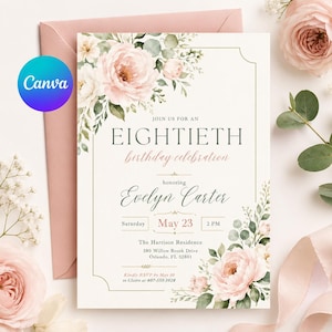 Könnte beinhalten: Eine Einladung zum achtzigsten Geburtstag. Das Design zeigt einen cremefarbenen Hintergrund mit floralen Akzenten in Rosa und Grün. Der Text enthält den Namen "Evelyn Carter", Datum, Uhrzeit und Ort.
