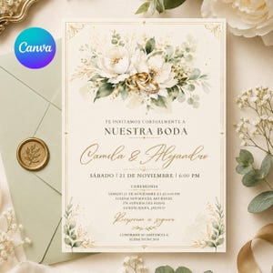 May include: Wedding invitation with floral and gold accents. The invitation features the text "Nuestra Boda" and the names "Camila & Alejandro". The date and time are also included. The Canva logo is visible.
