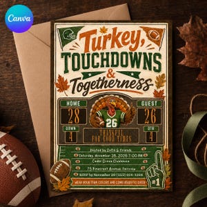 Könnte beinhalten: Eine rechteckige Einladungskarte mit dem Text Turkey, TOUCHDOWNS & Togetherness, einer Anzeigetafel-Grafik im Football-Stil mit einem Truthahn-Maskottchen und Veranstaltungsdetails für ein Treffen am Samstag, den 28. November 2026.