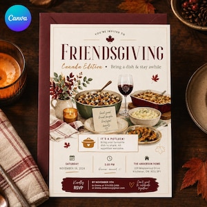 May include: A Friendsgiving Canada Edition invitation card featuring a cream background with dark red text. It displays illustrations of a casserole, wine glass, and autumn leaves. Details include the date November 16, 2024, 5:00 PM, and The Anderson Home address.