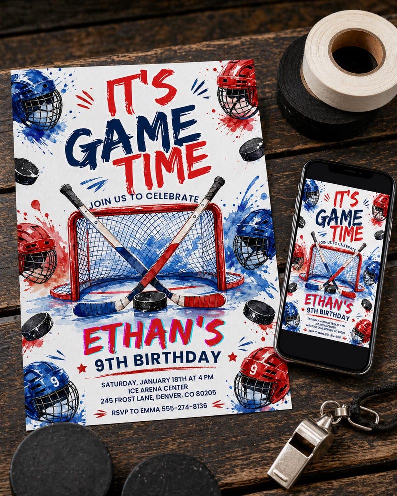 May include: A hockey-themed birthday invitation with the text "It's Game Time" and "Ethan's 9th Birthday." The design includes hockey helmets, a net, pucks, and crossed hockey sticks in red, white, and blue. A smartphone displays the same design.