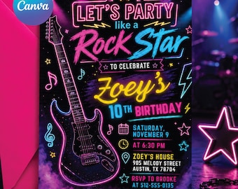May include: A vibrant invitation for a rock star-themed birthday party. The design features a neon guitar, musical notes, and the text "Let's Party like a Rock Star" with the birthday details. The color scheme includes pink, blue, and purple.