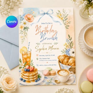 May include: A watercolour invitation for a birthday brunch, with floral decorations, pancakes, croissants, and coffee. The invitation includes the text "Join Us for a Birthday Brunch celebrating Sophia Monroe" and event details.