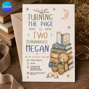 May include: A birthday invitation card featuring a stack of illustrated books, a teddy bear with a green bow, and a pair of glasses. The text reads: Turning the page to two, celebrate Megan, 2nd birthday party, Saturday March 28, 2:00 PM, Storybook Nook.