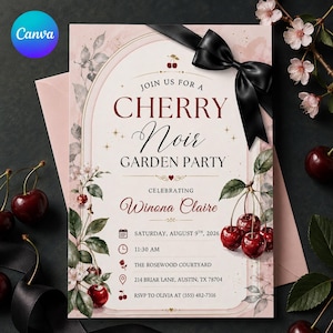 Invito di compleanno a tema ciliegie, invito per festa in giardino a tema ciliegie nere con fiocco nero, modello Canva modificabile e stampabile.