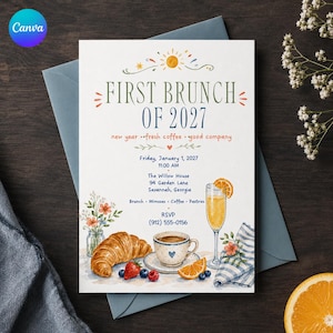 May include: A white invitation card titled FIRST BRUNCH OF 2027 with text detailing a January 1, 2027 event at The Willow House. The card features watercolour illustrations of a croissant, berries, a coffee cup, and a glass of orange juice.