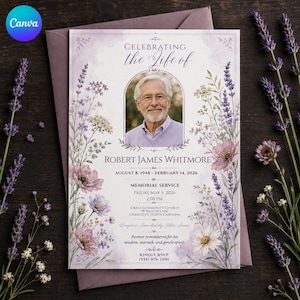 May include: A memorial service announcement card featuring a portrait of Robert James Whitmore, surrounded by watercolor illustrations of lavender and wildflowers. The text includes dates, service details, and location information in a serif font.