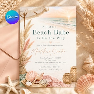 May include: A rectangular baby shower invitation card featuring a beach scene with a sunset, a parasol, and pampas grass. The text reads A Little Beach Babe Is On The Way, honoring Madeline Carter, with event details including date, time, and location.