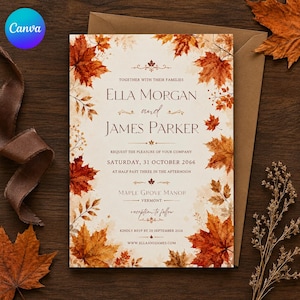 May include: A cream-colored wedding invitation card featuring a border of watercolor autumn maple leaves in shades of orange, red, and brown. The text reads: Ella Morgan and James Parker, Saturday, 31 October 2066, Maple Grove Manor, Vermont.