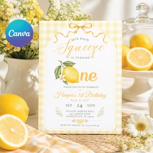 May include: A yellow and white gingham-patterned invitation with the text "Our Main Squeeze is Turning One." The invitation features a watercolor lemon illustration and details for Harper's 1st Birthday.