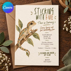 May include: A birthday invitation card featuring a watercolor illustration of a gecko on a branch. The text reads: STICKING WITH FIVE, Theo is turning 5, Come hang out for birthday fun, SATURDAY JUNE 27 2:30 PM, Gecko House 21 Garden Lane, Games, Snacks, Cake, CLIMB ON OVER AT 2:30, RSVP 555 6297.