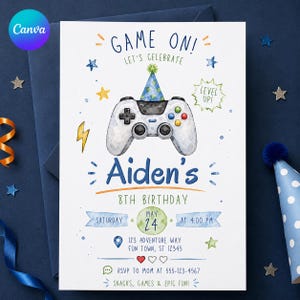 May include: A white birthday invitation card featuring a watercolor video game controller wearing a party hat. Text includes GAME ON!, LET'S CELEBRATE, LEVEL UP!, Aiden's 8TH BIRTHDAY, MAY 24, 123 ADVENTURE WAY, and RSVP TO MOM AT 555-123-4567 with star and lightning icons.
