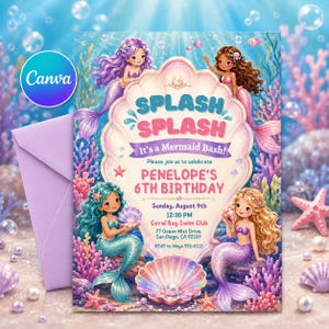 May include: A mermaid-themed birthday invitation with the text "Splash Splash" and "It's a Mermaid Bash!" Four mermaids with colorful tails and hair surround the text. The invitation includes the name "Penelope" and the date and time of the party.