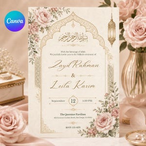 May include: A cream-colored Nikkah wedding invitation card featuring an ornate gold arch frame, Arabic calligraphy, and soft pink rose illustrations. The text includes the names Zayd Rahman and Leila Karim, the date September 12, and the location details.