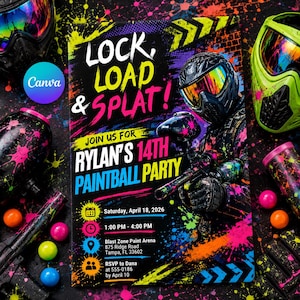 Pode incluir: Um convite retangular para uma festa de paintball com o texto LOCK, LOAD & SPLAT! JOIN US FOR RYLAN'S 14TH PAINTBALL PARTY, incluindo detalhes do evento para sábado, 18 de abril de 2026, na Blast Zone Paint Arena, 875 Ridge Road, Tampa, FL 33602.