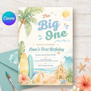 May include: A beach-themed birthday invitation with the text "The Big One" in blue and orange. The invitation includes illustrations of palm trees, surfboards, a sandcastle, and a beach ball. The text reads "Liam's First Birthday".