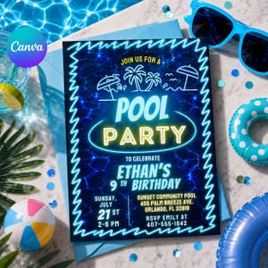 Peut inclure: Une invitation à une fête au bord de la piscine avec un design bleu et néon. L'invitation indique "Pool Party" et "9e anniversaire d'Ethan". Elle comprend la date, l'heure et le lieu. Des lunettes de soleil et un ballon de plage sont en arrière-plan.