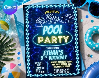 Pool Party Birthday Party Invitation Template, Hand Drawn Whimsical Swim Birthday Invite, Pink Bow Coquette Summer Birthday Pool Celebration