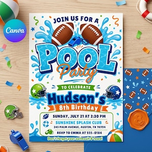 Peut inclure: Une invitation de fête sur le thème de la piscine. L'invitation présente le texte "Pool Party" en grandes lettres bleues, des ballons de football et un sifflet. Elle comprend également les détails du 8e anniversaire d'Hudson, y compris la date, l'heure et le lieu.