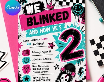 Blink und ich bin zwei Geburtstagseinladung bearbeitbare Canva Vorlage 2. Geburtstag einladen Rosa Karierter Smiley Geburtstag einladen, Canva Vorlage