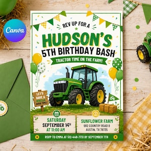 Pode incluir: Um convite de aniversário com um design de trator verde e amarelo. O convite inclui o texto "Hudson's 5th Birthday Bash" e detalhes do evento. Inclui também o texto "Tractor Time on the Farm!"