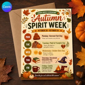 May include: A flyer titled Cedar Grove Elementary Autumn Spirit Week October 20-October 24. It lists daily themes: Monday Harvest Hat Day, Tuesday Plaid & Pumpkin Day, Wednesday Golden Glow Day, Thursday Storybook Character Day, and Friday Comfy Campfire Day.