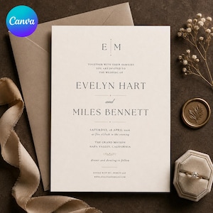 May include: A cream-coloured wedding invitation card with black serif text featuring the names Evelyn Hart and Miles Bennett, the date Saturday, 18 April 2026, and location details, accompanied by a matching envelope, a wax seal, and a ring.