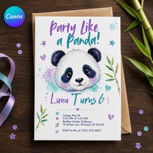 Pode incluir: Um cartão de convite retangular branco com um rosto de panda em aquarela, texto em roxo e azul-petróleo lendo Party Like a Panda! Luna Turns 6, e detalhes do evento: Sunday, May 18, 3:00 PM to 5:00 PM, Bamboo Garden Clubhouse, 19 Willow Lane, Portland, OR 97209, RSVP to Mia at (555) 275-6610.