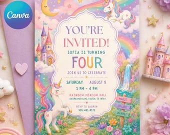 Może przedstawiać: Kapryśne zaproszenie z ilustracją jednorożca, tęczy i zamku. Zaproszenie brzmi "YOU'RE INVITED! SOFIA IS TURNING FOUR" ze szczegółami wydarzenia. Fioletowa koperta i elementy dekoracyjne dopełniają projekt.