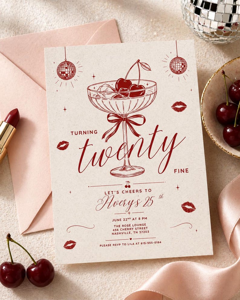 May include: A party invitation with a cherry cocktail illustration in red ink. The text reads "Turning Twenty Fine" and includes event details for Avery's 25th birthday. Additional elements include lipstick, cherries, and a disco ball.