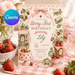 Puede incluir: Una tarjeta de invitación de cumpleaños rectangular con temática de fresas, borde de cuadros vichy rosa, un pastel en un soporte, una cesta de fresas y una taza de té. El texto dice Berry First BIRTHDAY, Lily, July 18, 12:30 PM, Rosewood Café Garden.