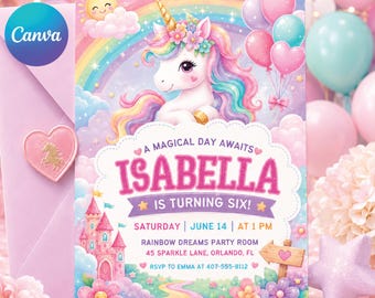 Może przedstawiać: Kapryśne zaproszenie z jednorożcem, tęczą i balonami. Tekst brzmi "A Magical Day Awaits Isabella is Turning Six!" ze szczegółami wydarzenia. Projekt wykorzystuje pastelowe kolory i motyw bajkowy.