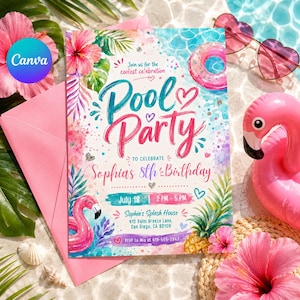 Può includere: Un colorato invito a una festa in piscina con il testo "Pool Party" e "Sophia's 8th Birthday". L'invito presenta un fenicottero, occhiali da sole e una busta rosa. Lo sfondo include acqua e fiori tropicali.