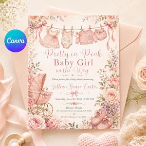May include: A baby shower invitation card featuring pink floral borders, a vintage baby carriage, and baby clothes hanging on a line. The text reads: Pretty in Pink, Baby Girl on the Way, honoring Lillian Grace Carter, Saturday, June 20, 2026.