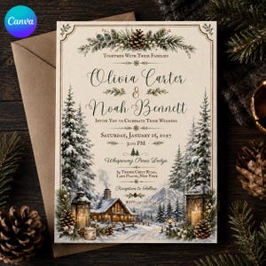 May include: A wedding invitation card featuring a winter landscape with snow-covered pine trees, a rustic cabin, and two lanterns. The text reads: Together with their families, Olivia Carter and Noah Bennett invite you to celebrate their wedding, Saturday, January 16, 2027, 3:00 PM, Whispering Pines Lodge, 84 Timber Crest Road, Lake Placid, New York.