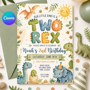 Puede incluir: Una colorida invitación de cumpleaños con temática de dinosaurios. El texto dice "Our Little Dino is a Two Rex" y "Noah's 2nd Birthday". La invitación incluye ilustraciones de dinosaurios, un sol y follaje. El logotipo de Canva es visible.