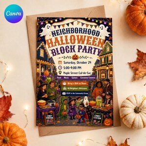 Inbjudan till Halloween-kvarterfest, grannskapsparad med kostymer och knytkalas, redigerbar utskrivbar Canvas-mall