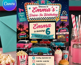 Retro Drive In Birthday Invitation, Drive-In Birthday Invitation, Canva Template, Movie Night Party, 50s Diner, Popcorn, Cars Retro Fun
