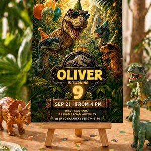 May include: A birthday invitation featuring dinosaurs wearing sunglasses and party hats. The invitation reads "OLIVER IS TURNING 9" with event details. Balloons and toy dinosaurs are also visible.