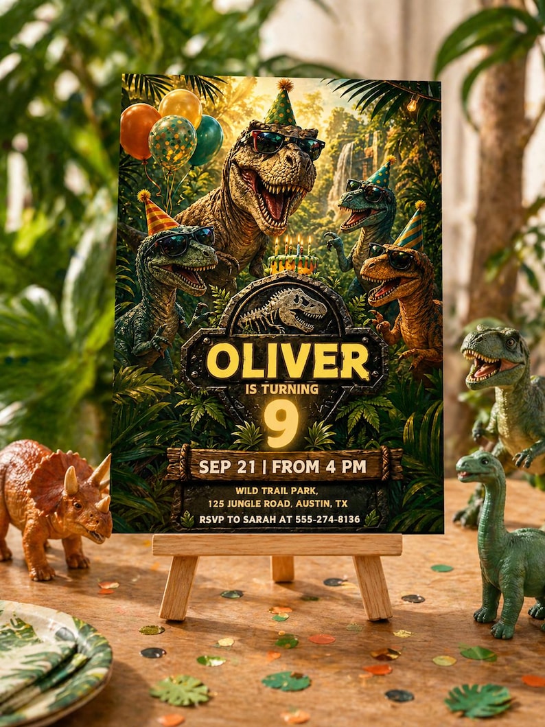 May include: A birthday invitation featuring dinosaurs wearing sunglasses and party hats. The invitation reads "OLIVER IS TURNING 9" with event details. Balloons and toy dinosaurs are also visible.
