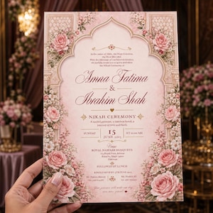 May include: A rectangular wedding invitation card in soft pink featuring an arched frame decorated with detailed illustrations of pink roses and white flowers. The text includes the names Amna Fatima and Ibrahim Shah for a Nikah ceremony on June 15, 2025.