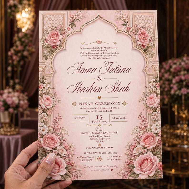 May include: A rectangular wedding invitation card in soft pink featuring an arched frame decorated with detailed illustrations of pink roses and white flowers. The text includes the names Amna Fatima and Ibrahim Shah for a Nikah ceremony on June 15, 2025.