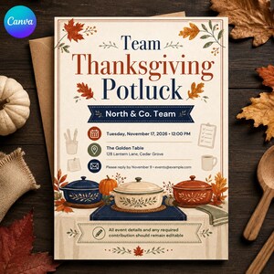 May include: A rectangular flyer for a Team Thanksgiving Potluck at North & Co. Team on Tuesday, November 17, 2026, at 12:00 PM at The Golden Table, 128 Lantern Lane, Cedar Grove. The design features autumn leaves, three serving pots, and text.
