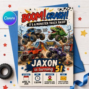 Monster Truck Birthday Invitation, Editable Boom Crash Monster, Bash Printable Invite, Trucks Birthday Template Boys Jam, any age, Canva