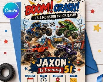Monster Truck Birthday Invitation, Editable Boom Crash Monster, Bash Printable Invite, Trucks Birthday Template Boys Jam, any age, Canva